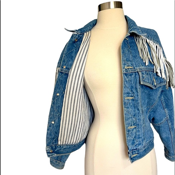 Get Used by Blue Jean Jacket White Fringe Details Size Small Blue in Color - Picture 3 of 5